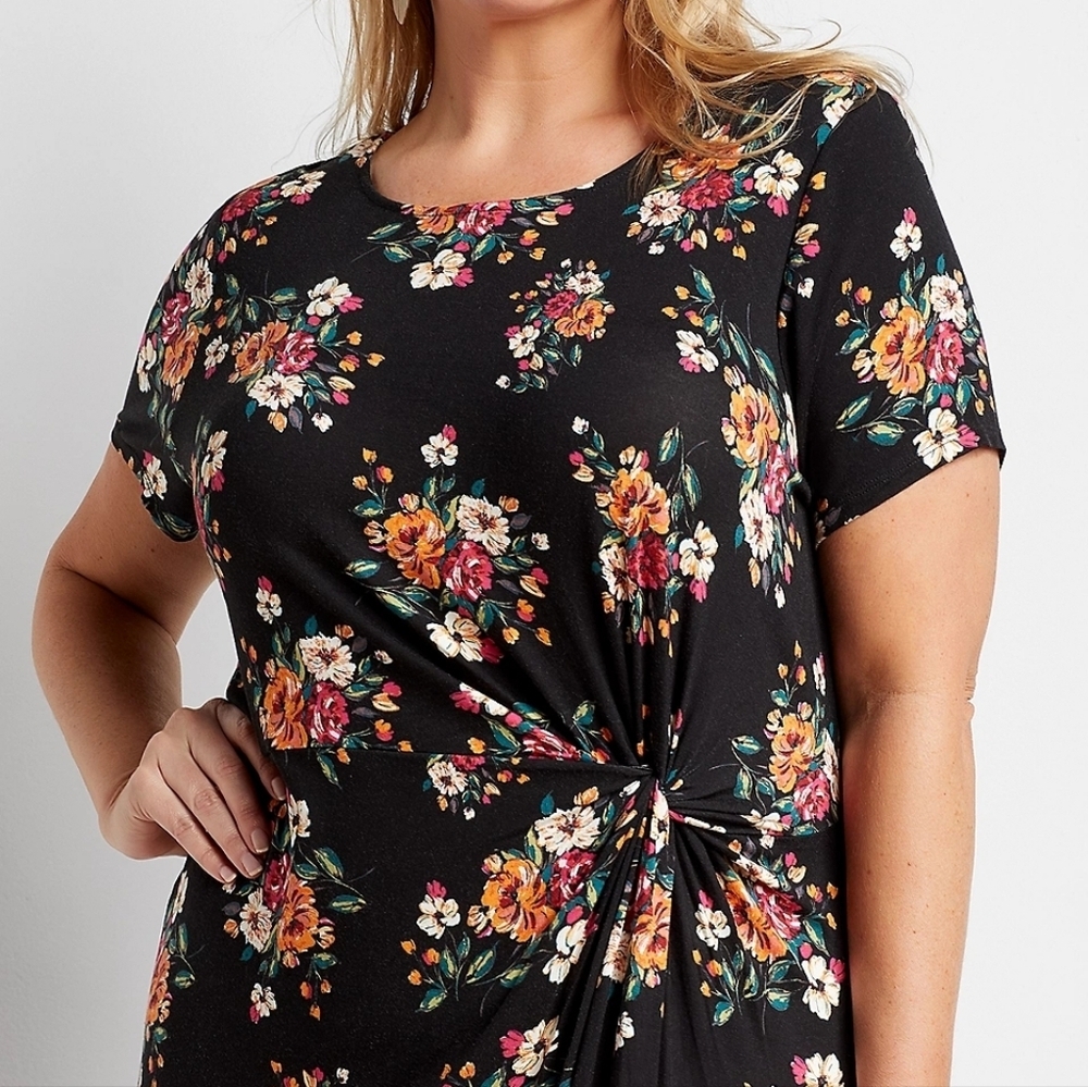 Maurices 24/7 Black Dress with Orange Flowers Knotted on Side, Size 1X